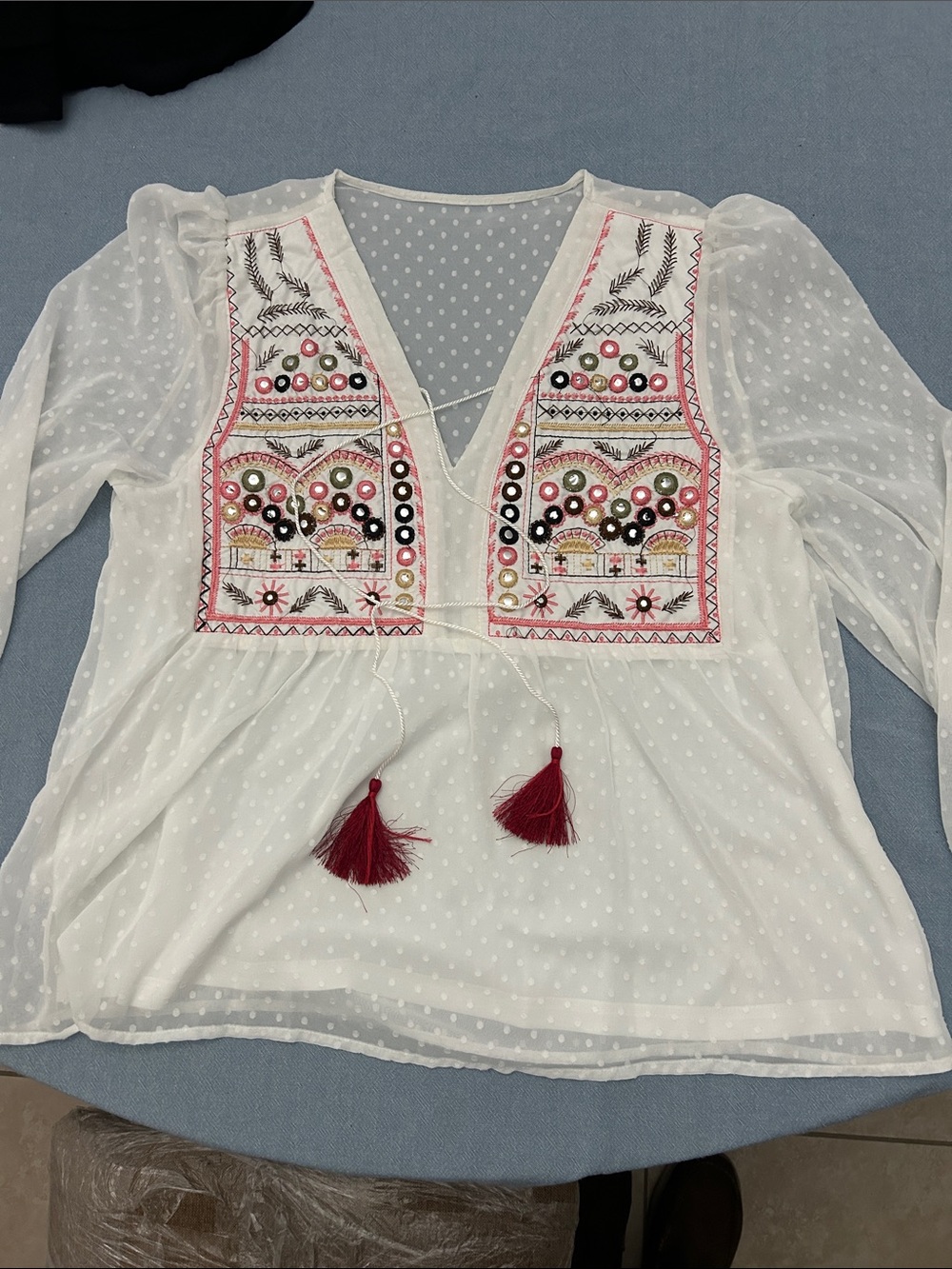 SHEIN White Swiss Dot Tunic with Multicolor Embroidery and Burgundy Tassels